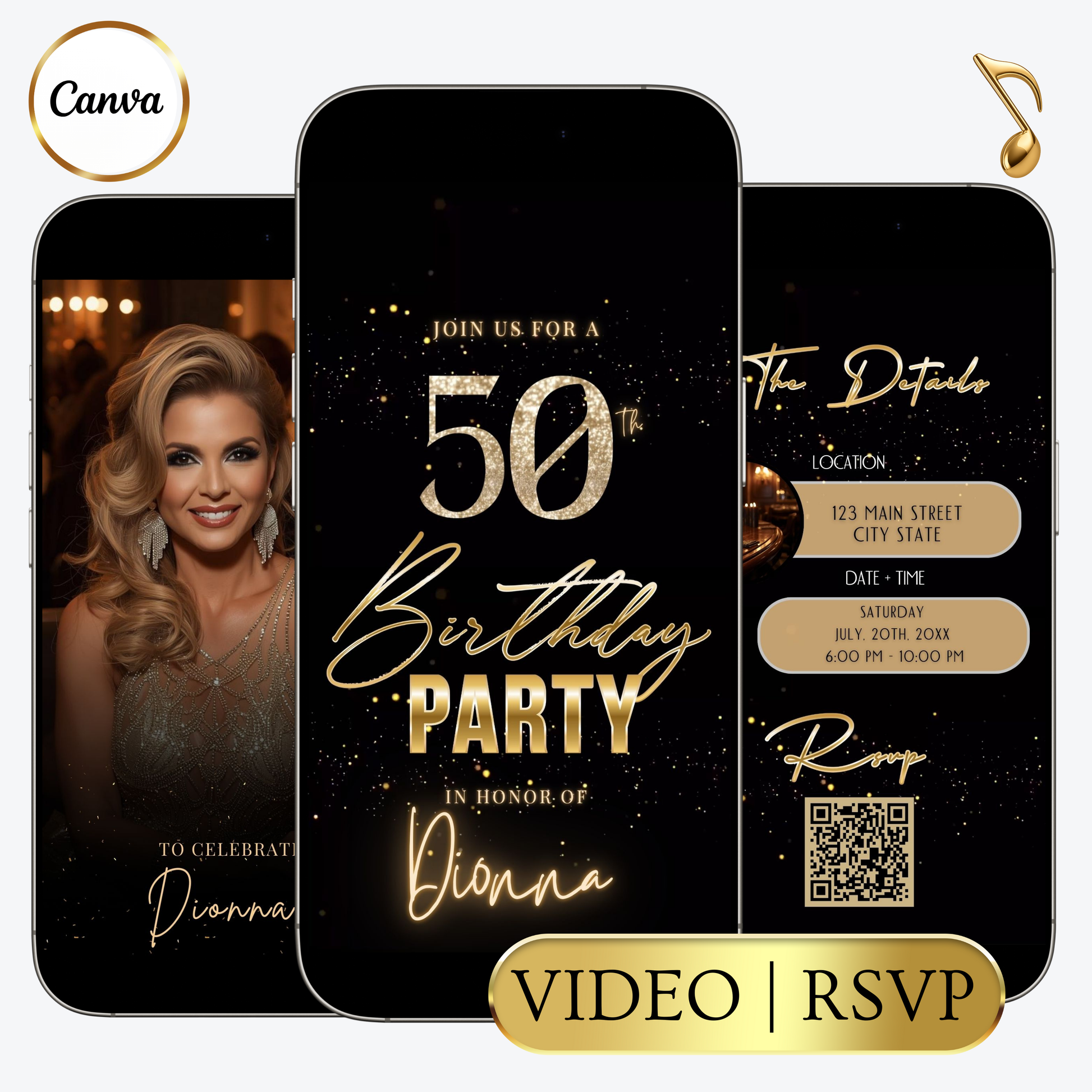 Editable black gold shimmer 50th birthday video invitation displayed on a mobile phone, featuring an animated vertical digital invite with music, created in Canva. This premium video invitation template is designed for sharing by text, email, and social media and works with an interactive RSVP website for easy guest response tracking.