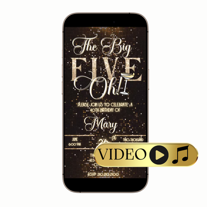 Editable The Big Five-Oh 50th Birthday Glam Video Invitation — Glitter Gold & Black Template