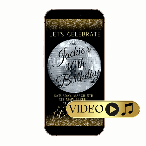 Silver mirror ball 30th birthday video invitation digital