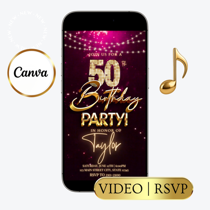 Editable magenta gold sequin 50th birthday video invitation displayed on a mobile phone, featuring an animated vertical digital invite with music, created in Canva. This premium video invitation template is designed for sharing by text, email, and social media and works with an interactive RSVP website for easy guest response tracking.