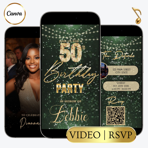 Editable sage green gold glitter 50th birthday video invitation displayed on a mobile phone, featuring an animated vertical digital invite with music, created in Canva. This premium video invitation template is designed for sharing by text, email, and social media and works with an interactive RSVP website for easy guest response tracking.