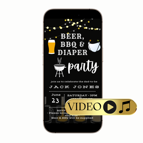Beer and diaper-themed baby shower video invitation with playful graphics