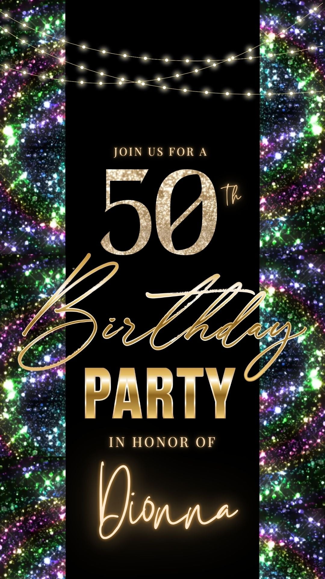 Editable nardo gras glitter 50th birthday video invitation displayed on a mobile phone, featuring an animated vertical digital invite with music, created in Canva. This premium video invitation template is designed for sharing by text, email, and social media and works with an interactive RSVP website for easy guest response tracking.