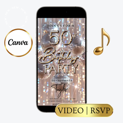 Editable silver disco ball 50th birthday video invitation displayed on a mobile phone, featuring an animated vertical digital invite with music, created in Canva. This premium video invitation template is designed for sharing by text, email, and social media and works with an interactive RSVP website for easy guest response tracking.