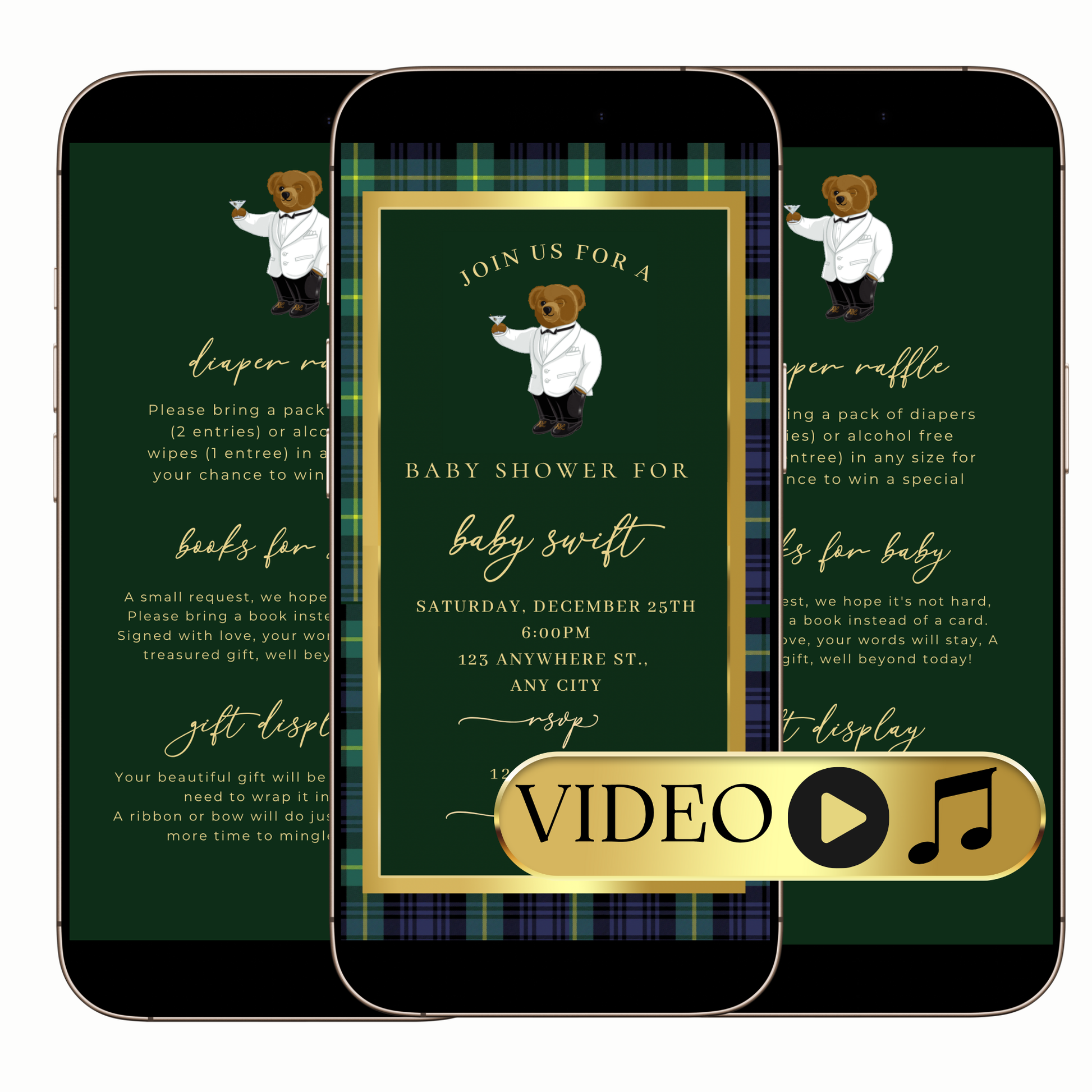 Digital preppy plaid bear baby shower video invitation