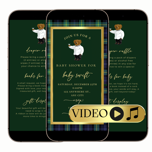 Digital preppy plaid bear baby shower video invitation
