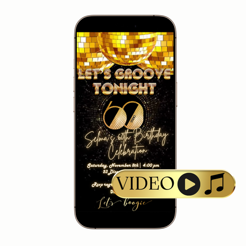 Gold disco ball 60th birthday video invitation digital