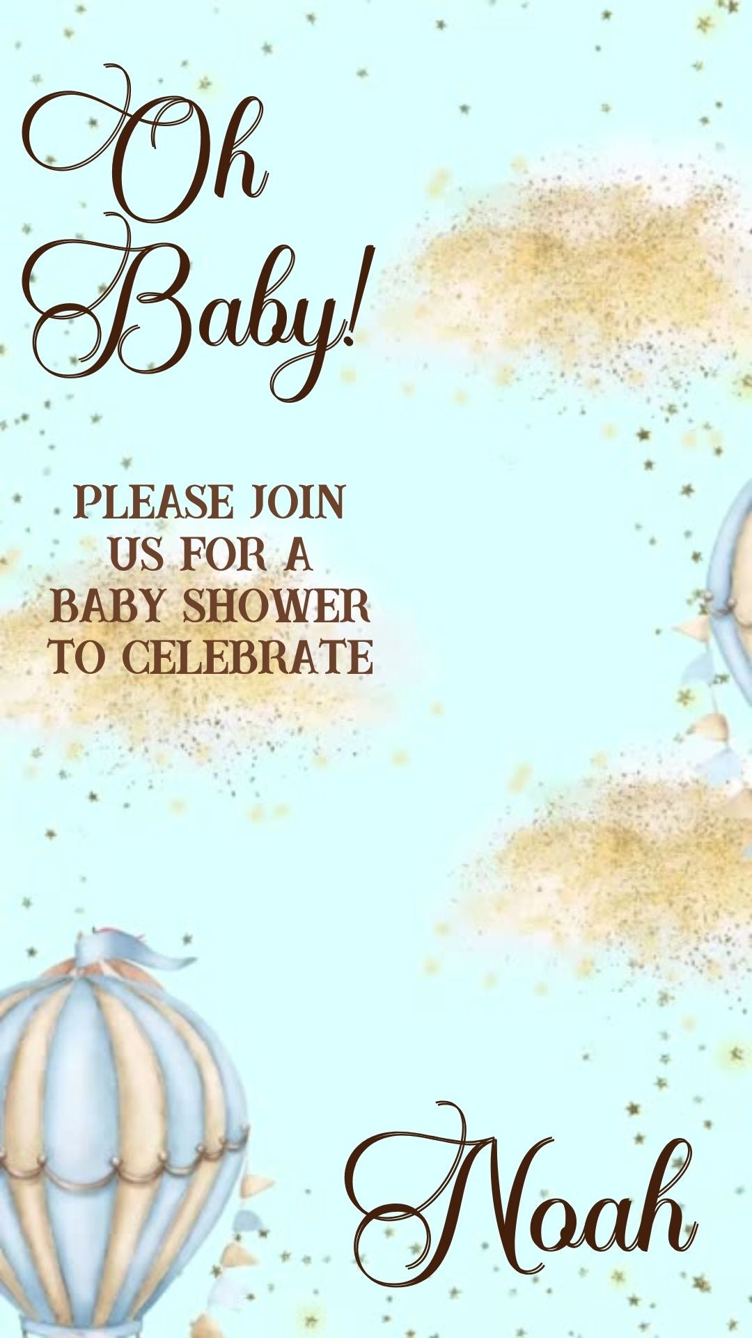 Editable blue hot air balloon boy baby shower baby shower video invitation displayed on a mobile phone, featuring an animated vertical digital invite with music, created in Canva. This premium video invitation template is designed for sharing by text, email, and social media and works with an interactive RSVP website for easy guest response tracking.