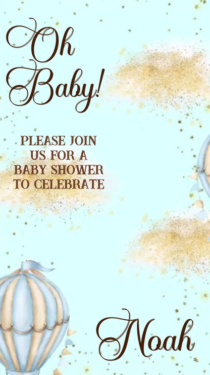 Editable blue hot air balloon boy baby shower baby shower video invitation displayed on a mobile phone, featuring an animated vertical digital invite with music, created in Canva. This premium video invitation template is designed for sharing by text, email, and social media and works with an interactive RSVP website for easy guest response tracking.