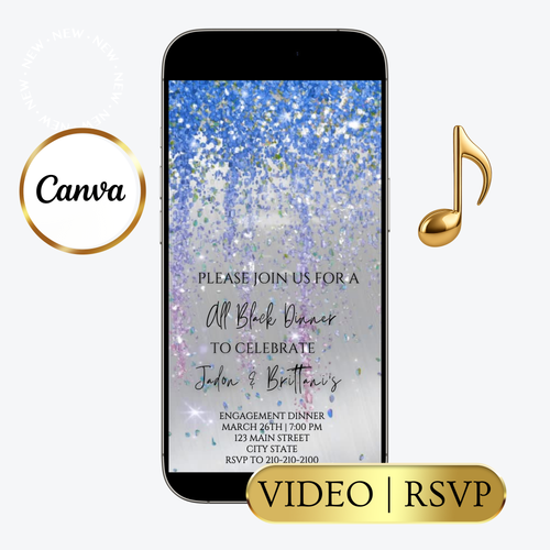 Editable blue and gray watercolor glitter engagement dinner video invitation displayed on a mobile phone, featuring an animated vertical digital invite with music, created in Canva. This premium video invitation template is designed for sharing by text, email, and social media and works with an interactive RSVP website for easy guest response tracking.