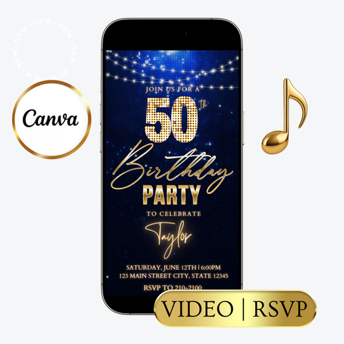 Editable gold disco ball 50th birthday video invitation displayed on a mobile phone, featuring an animated vertical digital invite with music, created in Canva. This premium video invitation template is designed for sharing by text, email, and social media and works with an interactive RSVP website for easy guest response tracking.
