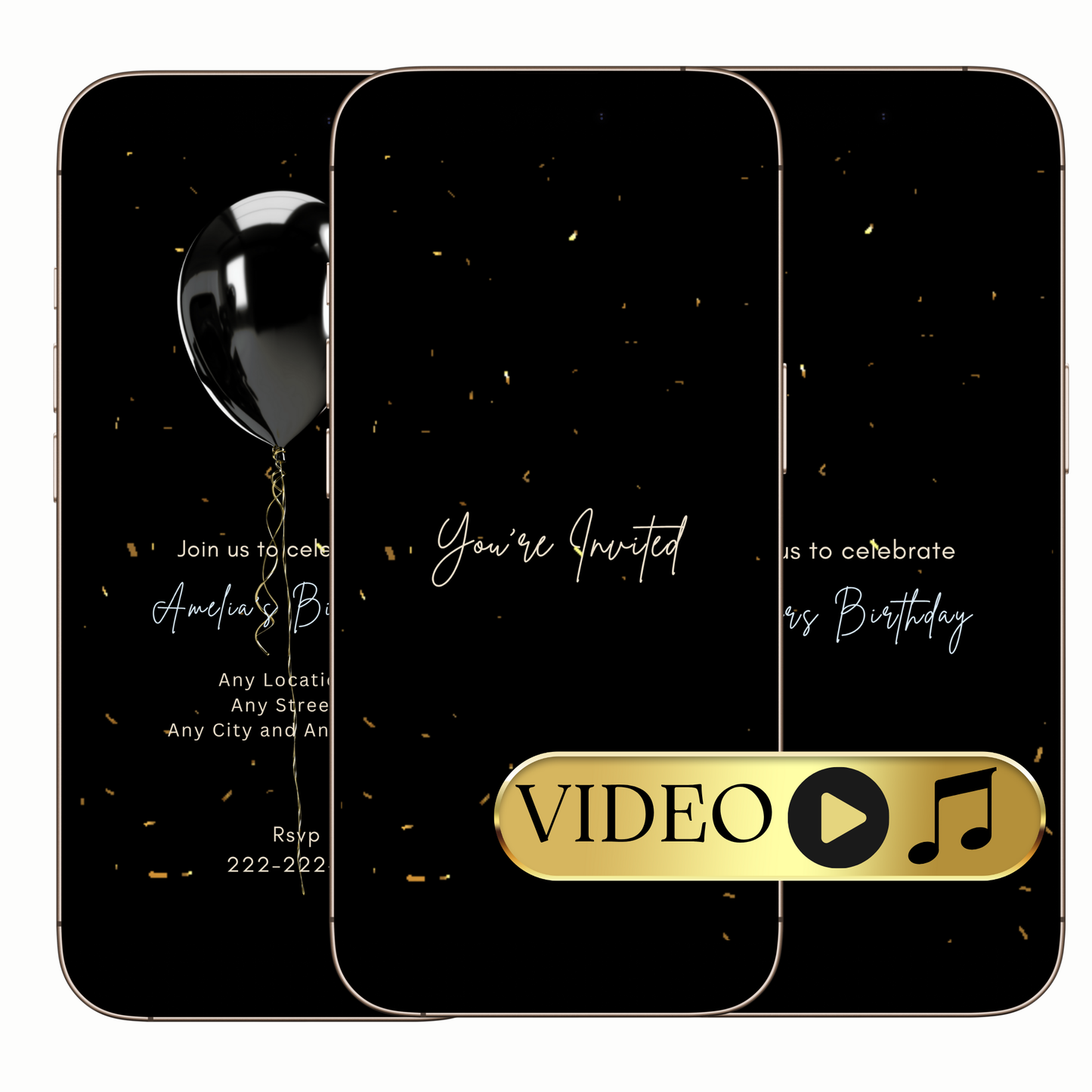 Digital Elegant Balloon Birthday Party Video Invitation – Gold Confetti Animated Evite MP4 Invite