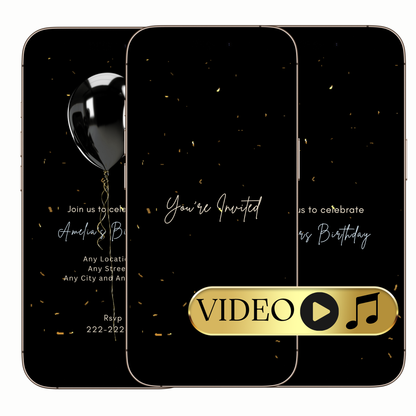 Digital Elegant Balloon Birthday Party Video Invitation – Gold Confetti Animated Evite MP4 Invite