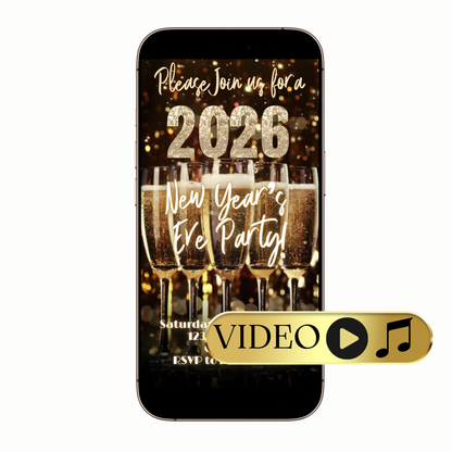 Digital glitter numbers 2026 champagne toast video invitation