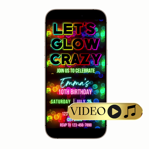 Hand holding phone with glow-in-the-dark invite playing