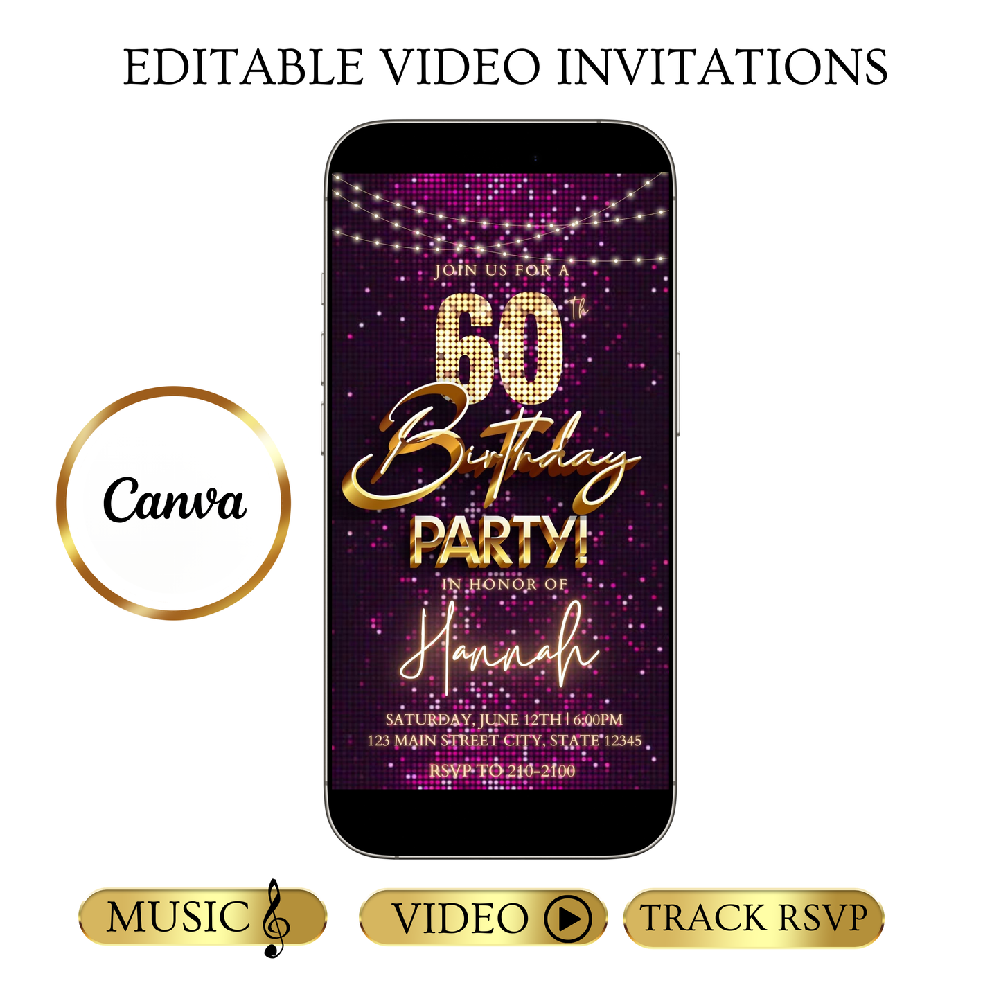 Editable violet sequin gold 60th birthday birthday video invitation displayed on a mobile phone, featuring an animated vertical digital invite with music, created in Canva. This premium video invitation template is designed for sharing by text, email, and social media and works with an interactive RSVP website for easy guest response tracking.