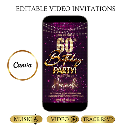 Editable violet sequin gold 60th birthday birthday video invitation displayed on a mobile phone, featuring an animated vertical digital invite with music, created in Canva. This premium video invitation template is designed for sharing by text, email, and social media and works with an interactive RSVP website for easy guest response tracking.