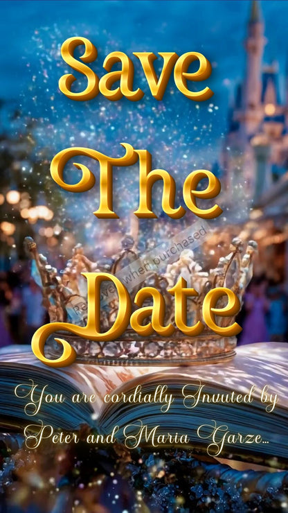 Editable beauty and the beast fairytale quinceañera event video invitation displayed on a mobile phone, featuring an animated vertical digital invite with music, created in Canva. This premium video invitation template is designed for sharing by text, email, and social media and works with an interactive RSVP website for easy guest response tracking.