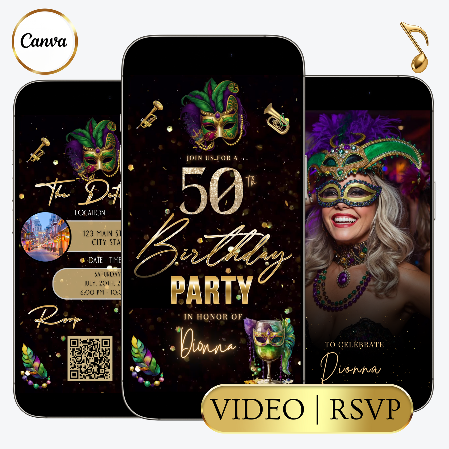Editable mardi gras masquerade 50th birthday – editable canva animated video invitation displayed on a mobile phone, featuring an animated vertical digital invite with music, created in Canva. This premium video invitation template is designed for sharing by text, email, and social media and works with an interactive RSVP website for easy guest response tracking.