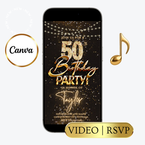 Editable black gold sequin 50th birthday video invitation displayed on a mobile phone, featuring an animated vertical digital invite with music, created in Canva. This premium video invitation template is designed for sharing by text, email, and social media and works with an interactive RSVP website for easy guest response tracking.