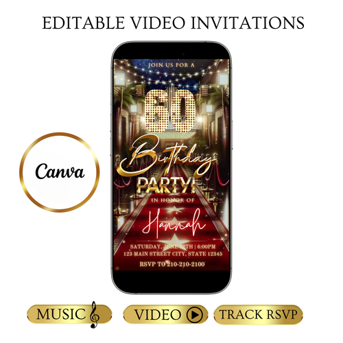 Editable hollywood red carpet 60th birthday birthday video invitation displayed on a mobile phone, featuring an animated vertical digital invite with music, created in Canva. This premium video invitation template is designed for sharing by text, email, and social media and works with an interactive RSVP website for easy guest response tracking.