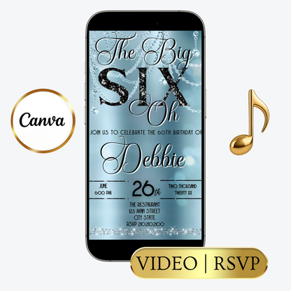 Editable baby blue elegant 60th birthday video invitation displayed on a mobile phone, featuring an animated vertical digital invite with music, created in Canva. This premium video invitation template is designed for sharing by text, email, and social media and works with an interactive RSVP website for easy guest response tracking.