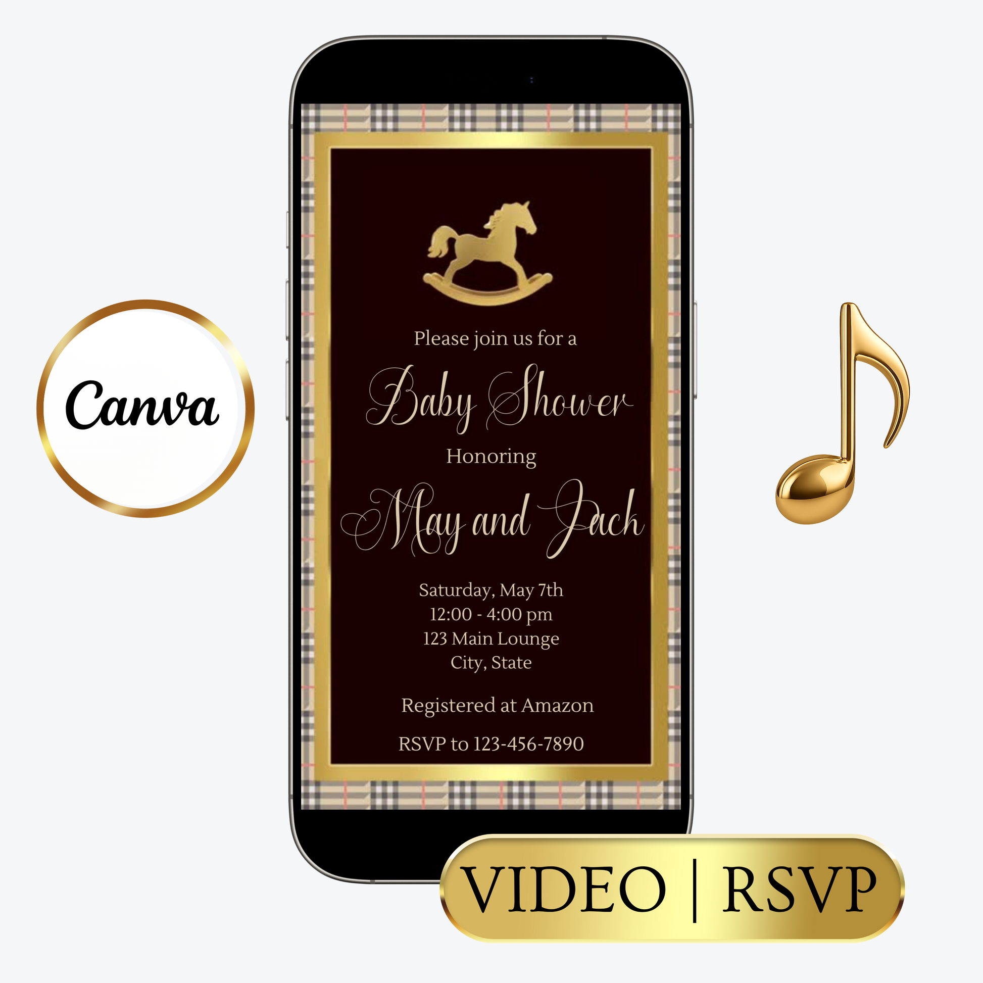 Editable maroon ralph lauren polo baby shower video invitation displayed on a mobile phone, featuring an animated vertical digital invite with music, created in Canva. This premium video invitation template is designed for sharing by text, email, and social media and works with an interactive RSVP website for easy guest response tracking.
