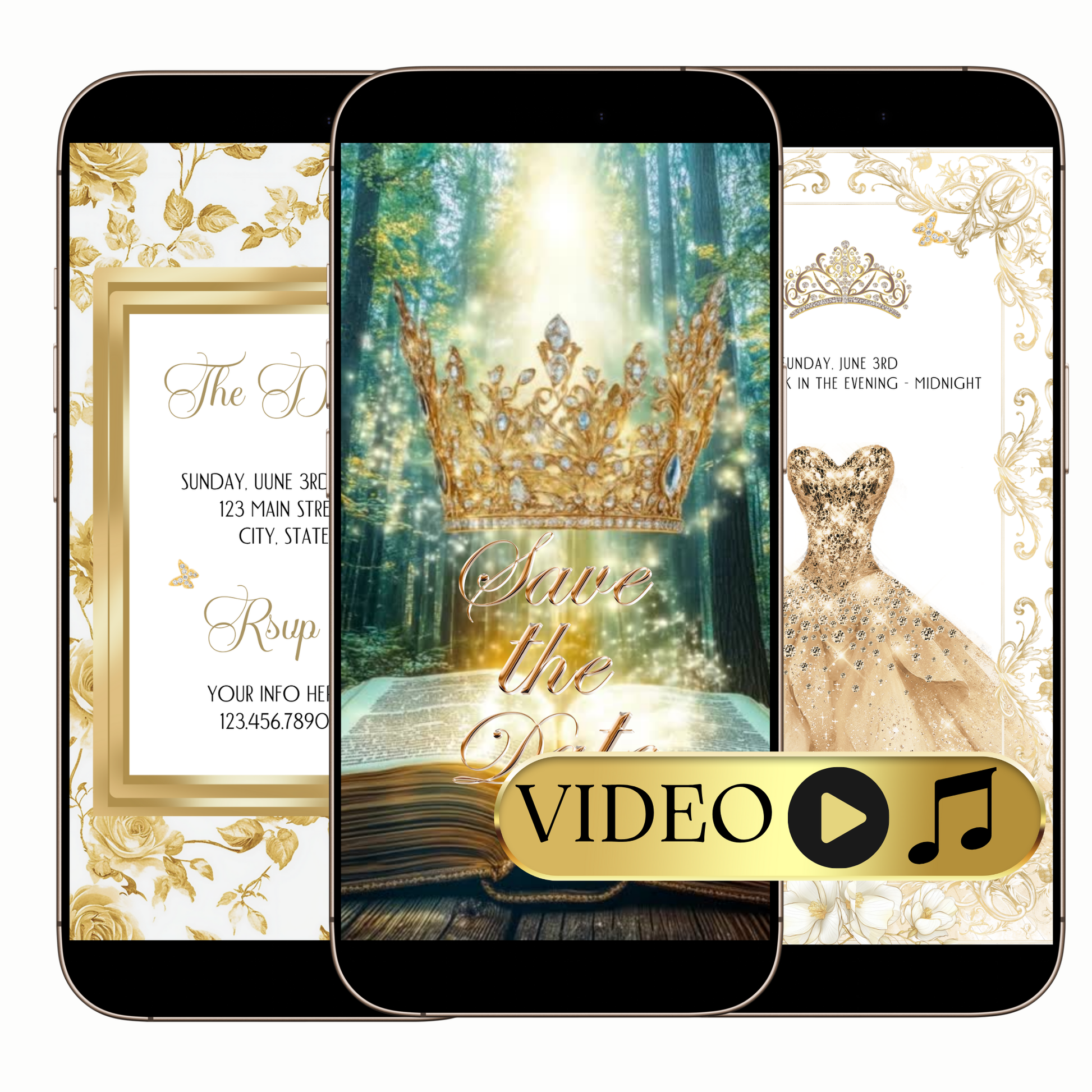 Digital quinceañera golden ball gown video invitation