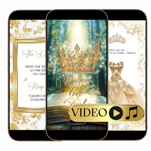 Digital quinceañera golden ball gown video invitation