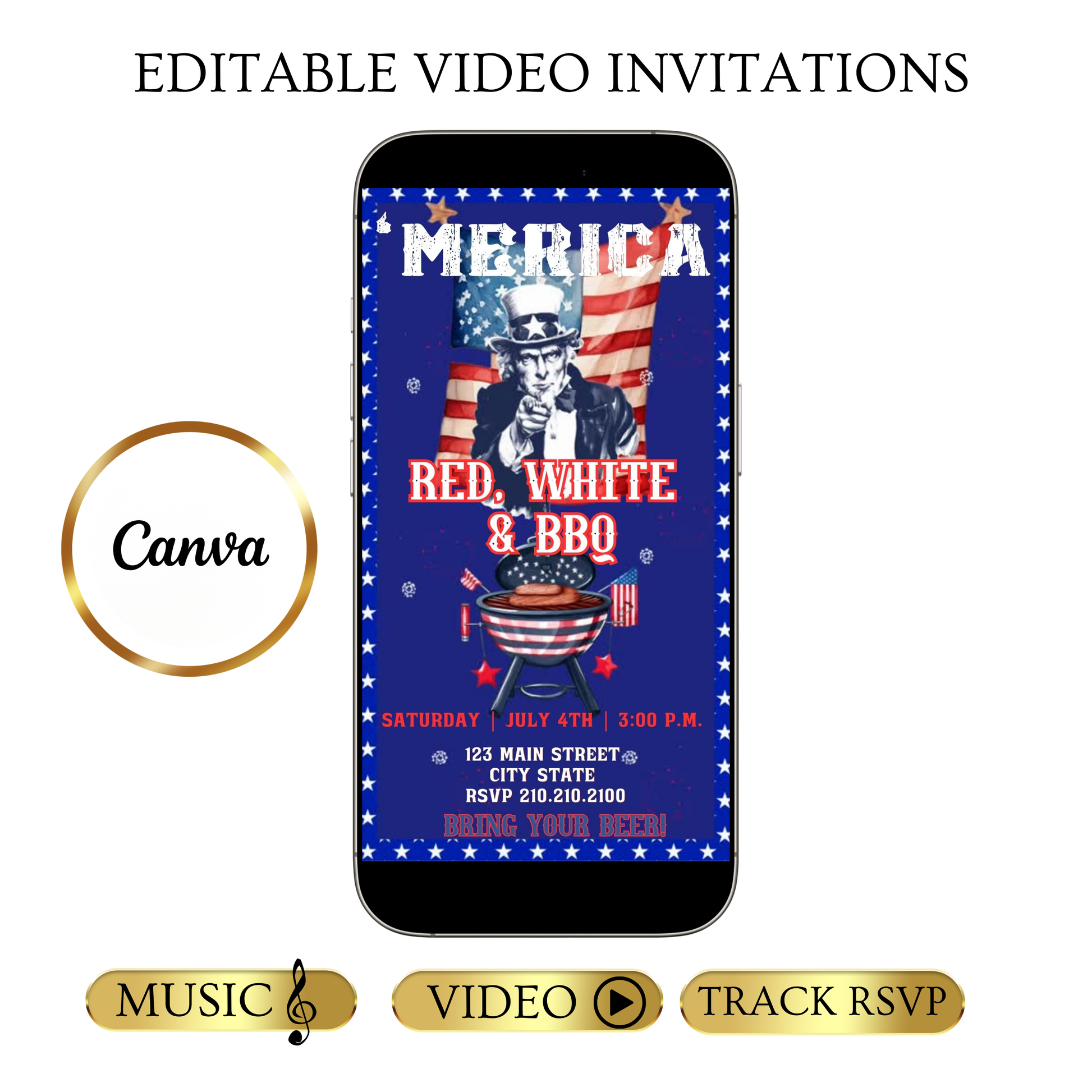 Editable red white blue bbq party party video invitation displayed on a mobile phone, featuring an animated vertical digital invite with music, created in Canva. This premium video invitation template is designed for sharing by text, email, and social media and works with an interactive RSVP website for easy guest response tracking.