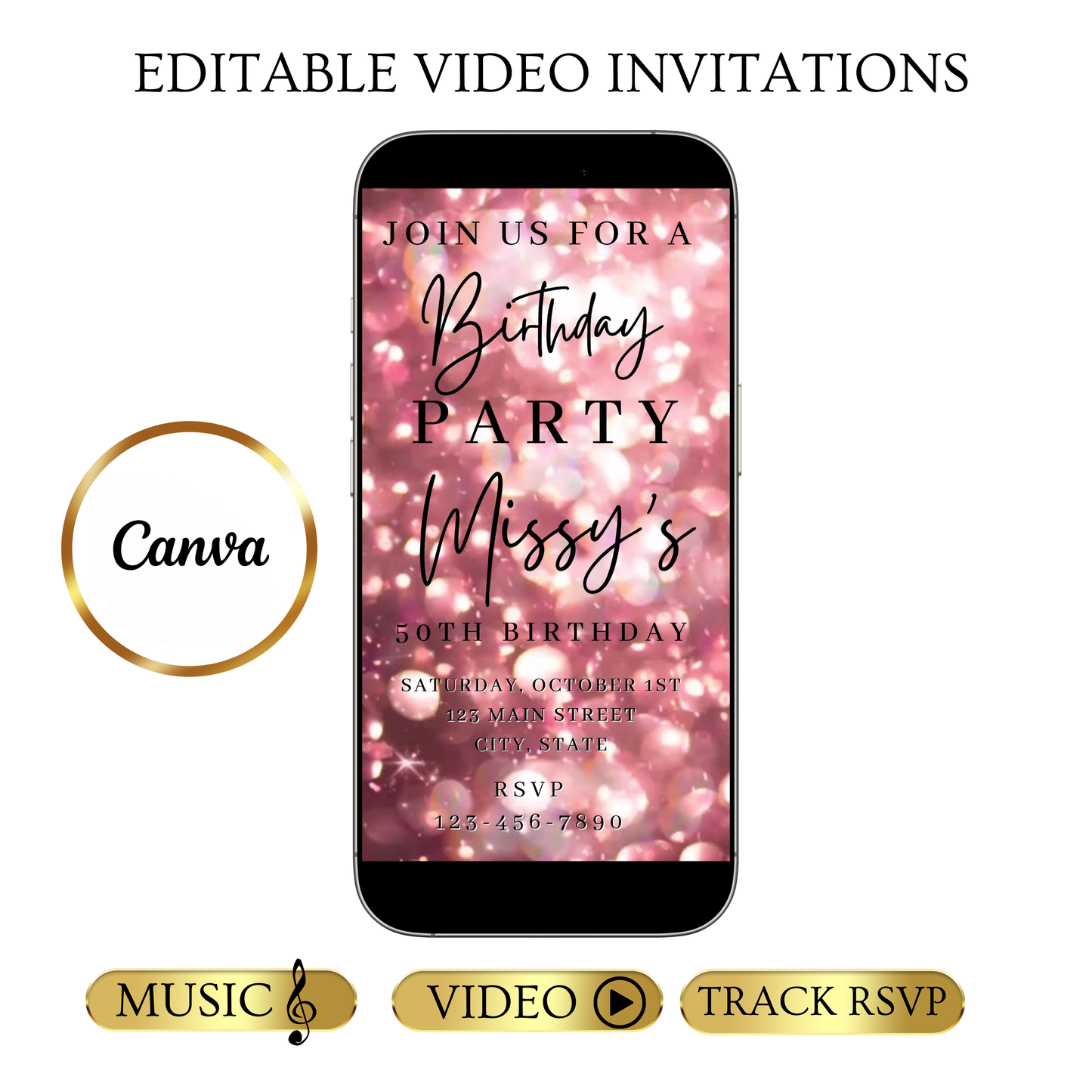 Editable rose gold bokeh 50th birthday birthday video invitation displayed on a mobile phone, featuring an animated vertical digital invite with music, created in Canva. This premium video invitation template is designed for sharing by text, email, and social media and works with an interactive RSVP website for easy guest response tracking.