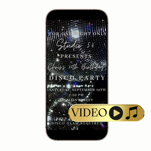 Silver Disco Balls MP4 digital invitation with retro party accents