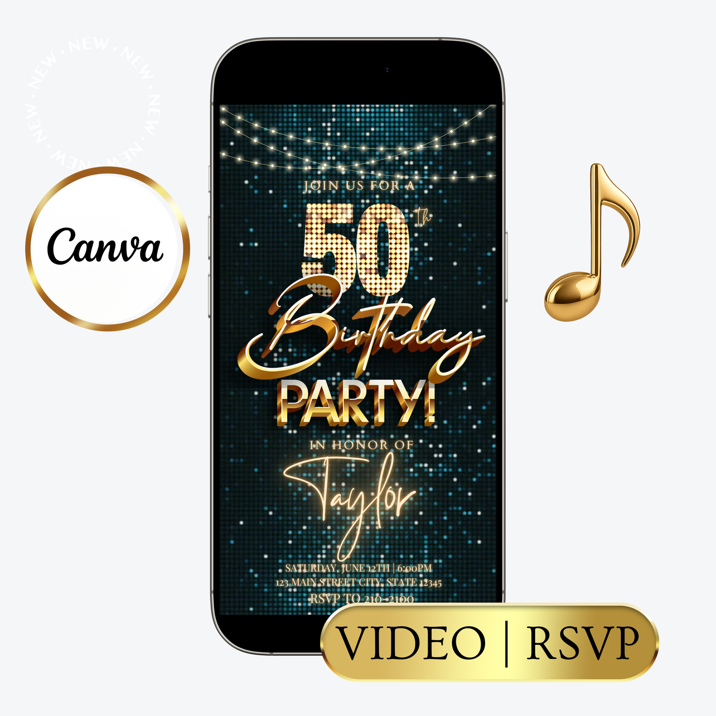Editable teal gold sequin 50th birthday video invitation displayed on a mobile phone, featuring an animated vertical digital invite with music, created in Canva. This premium video invitation template is designed for sharing by text, email, and social media and works with an interactive RSVP website for easy guest response tracking.