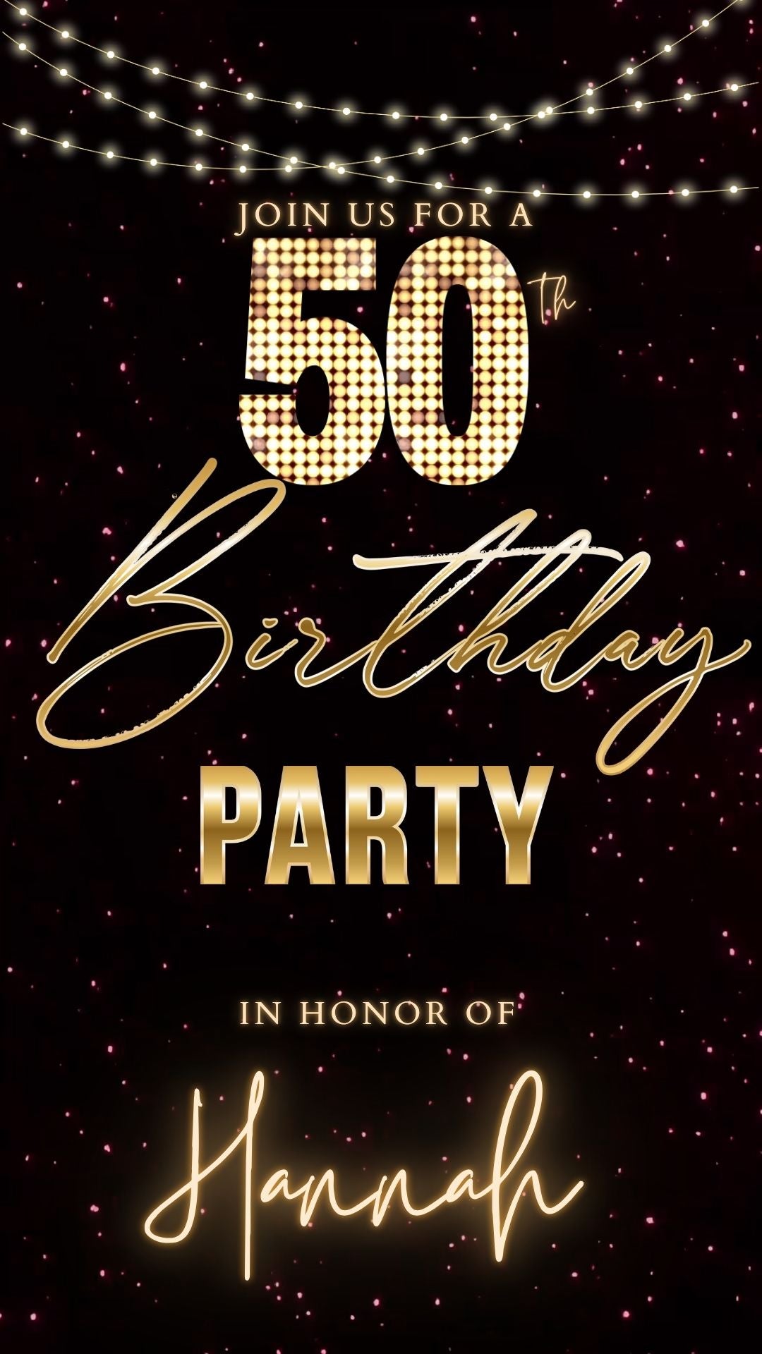 Editable maroon gold glitter 50th birthday video invitation displayed on a mobile phone, featuring an animated vertical digital invite with music, created in Canva. This premium video invitation template is designed for sharing by text, email, and social media and works with an interactive RSVP website for easy guest response tracking.