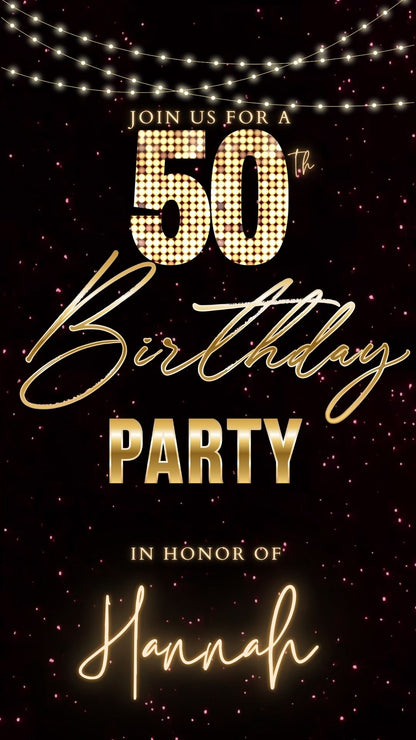 Editable maroon gold glitter 50th birthday video invitation displayed on a mobile phone, featuring an animated vertical digital invite with music, created in Canva. This premium video invitation template is designed for sharing by text, email, and social media and works with an interactive RSVP website for easy guest response tracking.