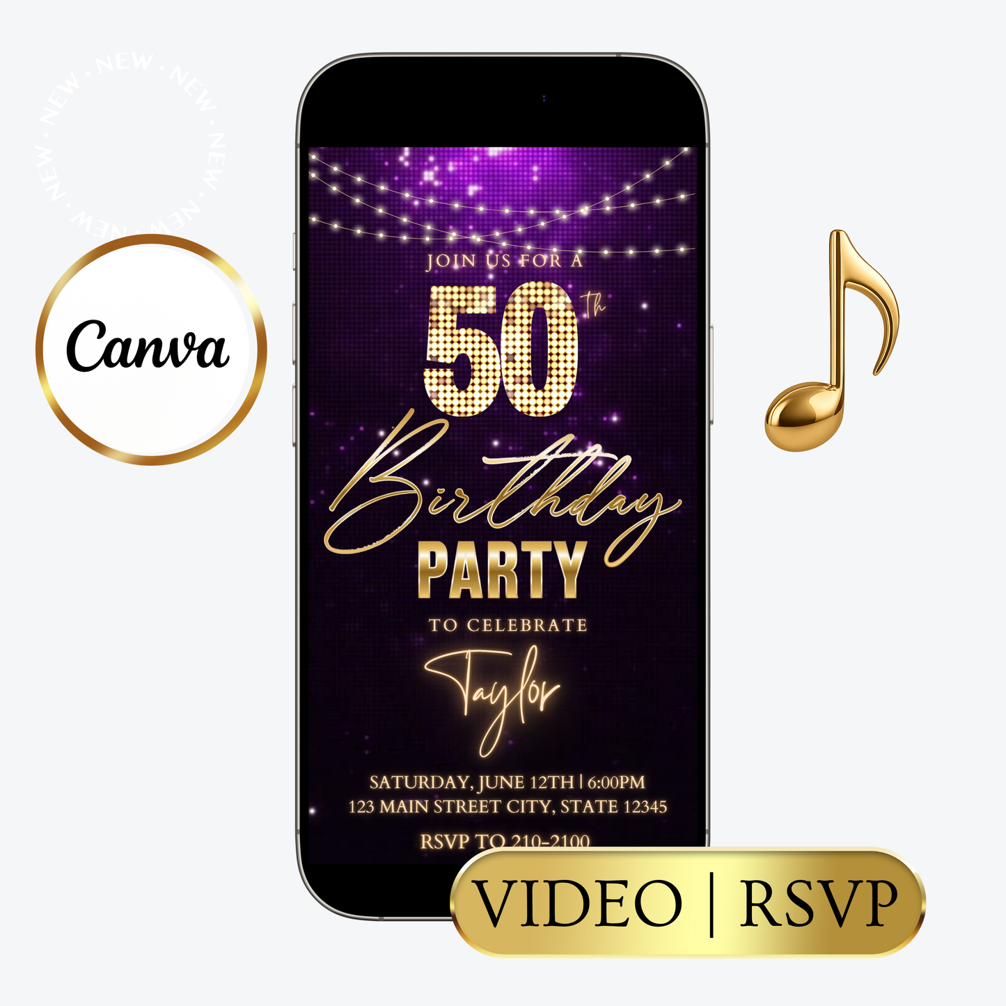 Editable classic gold bokeh 50th birthday video invitation displayed on a mobile phone, featuring an animated vertical digital invite with music, created in Canva. This premium video invitation template is designed for sharing by text, email, and social media and works with an interactive RSVP website for easy guest response tracking.
