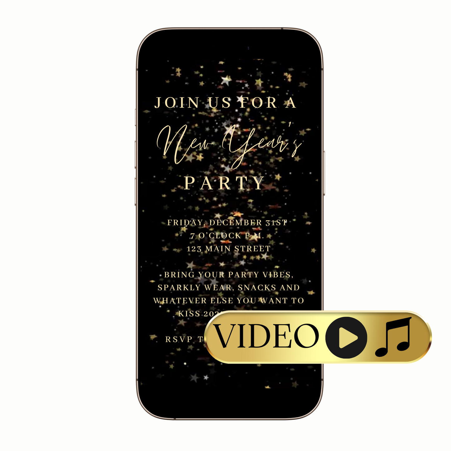 Digital black gold stars New Year's Eve video invitation