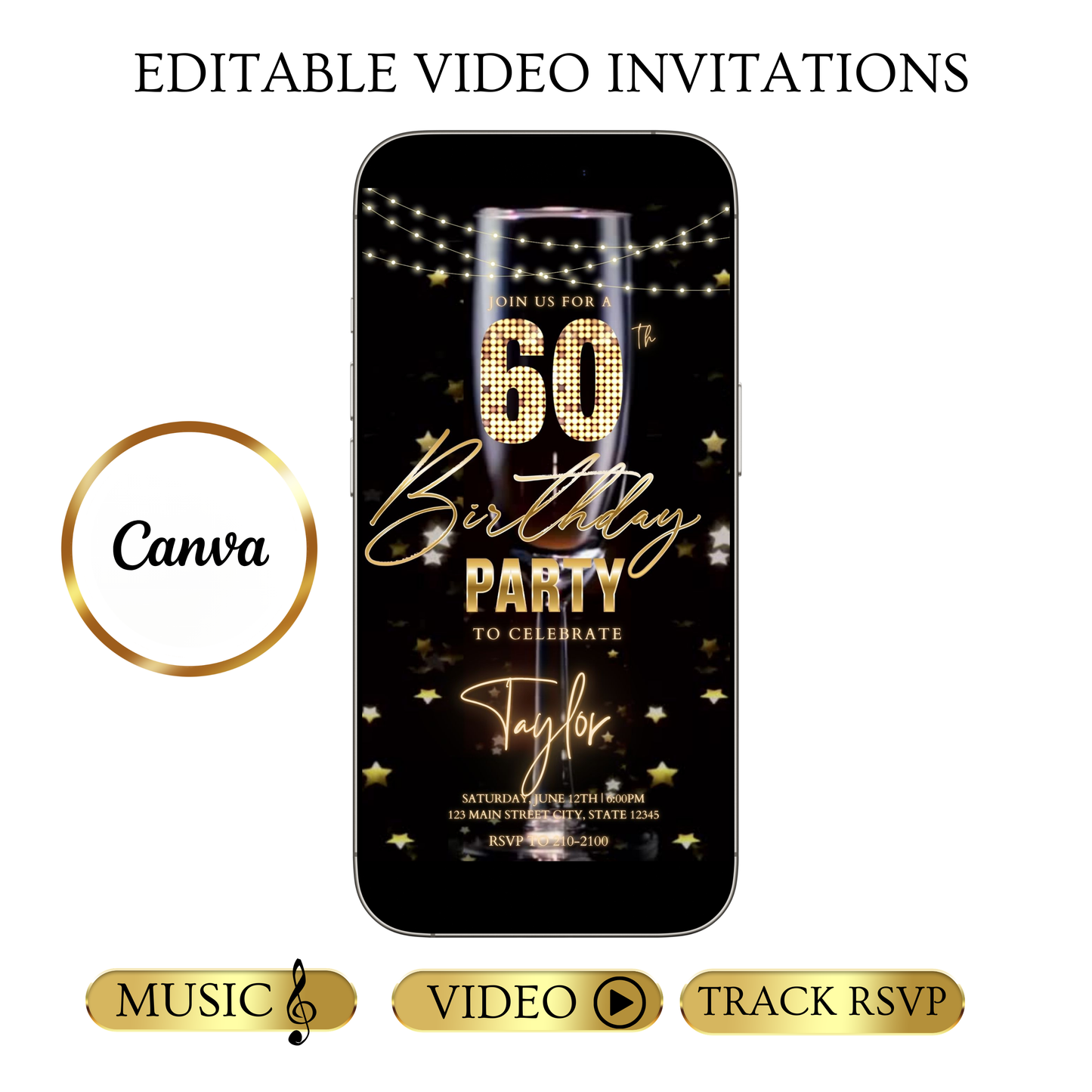 Editable champagne celebration 60th birthday birthday video invitation displayed on a mobile phone, featuring an animated vertical digital invite with music, created in Canva. This premium video invitation template is designed for sharing by text, email, and social media and works with an interactive RSVP website for easy guest response tracking.