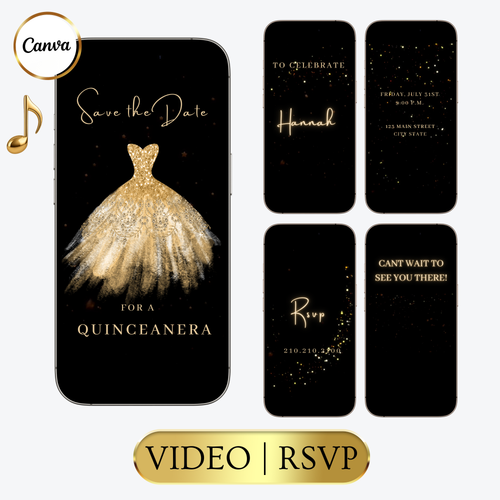 Editable gold glitter dress Quinceañera video invitation displayed on a mobile phone, featuring an animated vertical digital invite with music, created in Canva. This premium video invitation template is designed for sharing by text, email, and social media and works with an interactive RSVP website for easy guest response tracking.