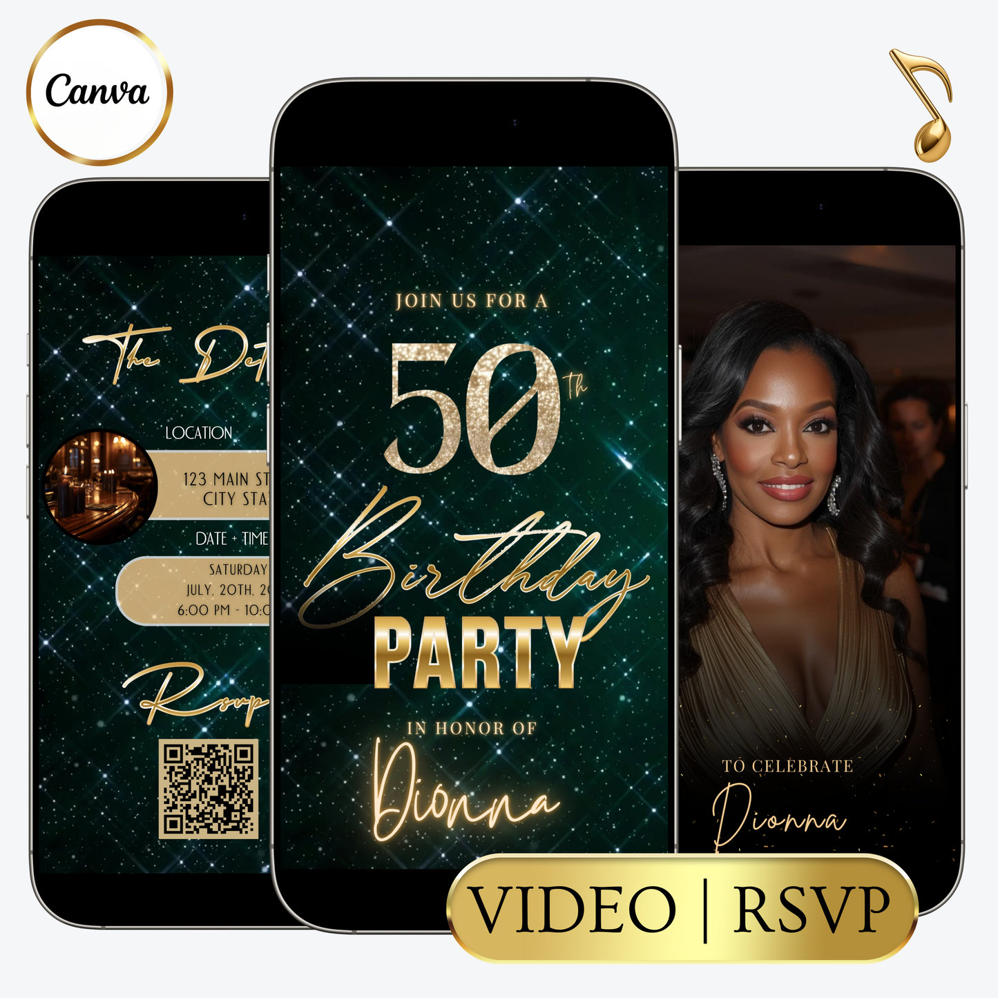 Editable emerald green sparkly 50th birthday video invitation displayed on a mobile phone, featuring an animated vertical digital invite with music, created in Canva. This premium video invitation template is designed for sharing by text, email, and social media and works with an interactive RSVP website for easy guest response tracking.