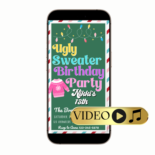 Teen Ugly Sweater party video invitation preview on laptop screen