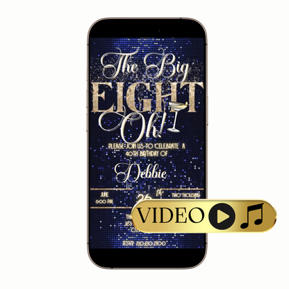 Editable Elegant Gold & Blue 80th Birthday Video Invitation – The Big Eight-Oh Theme Template