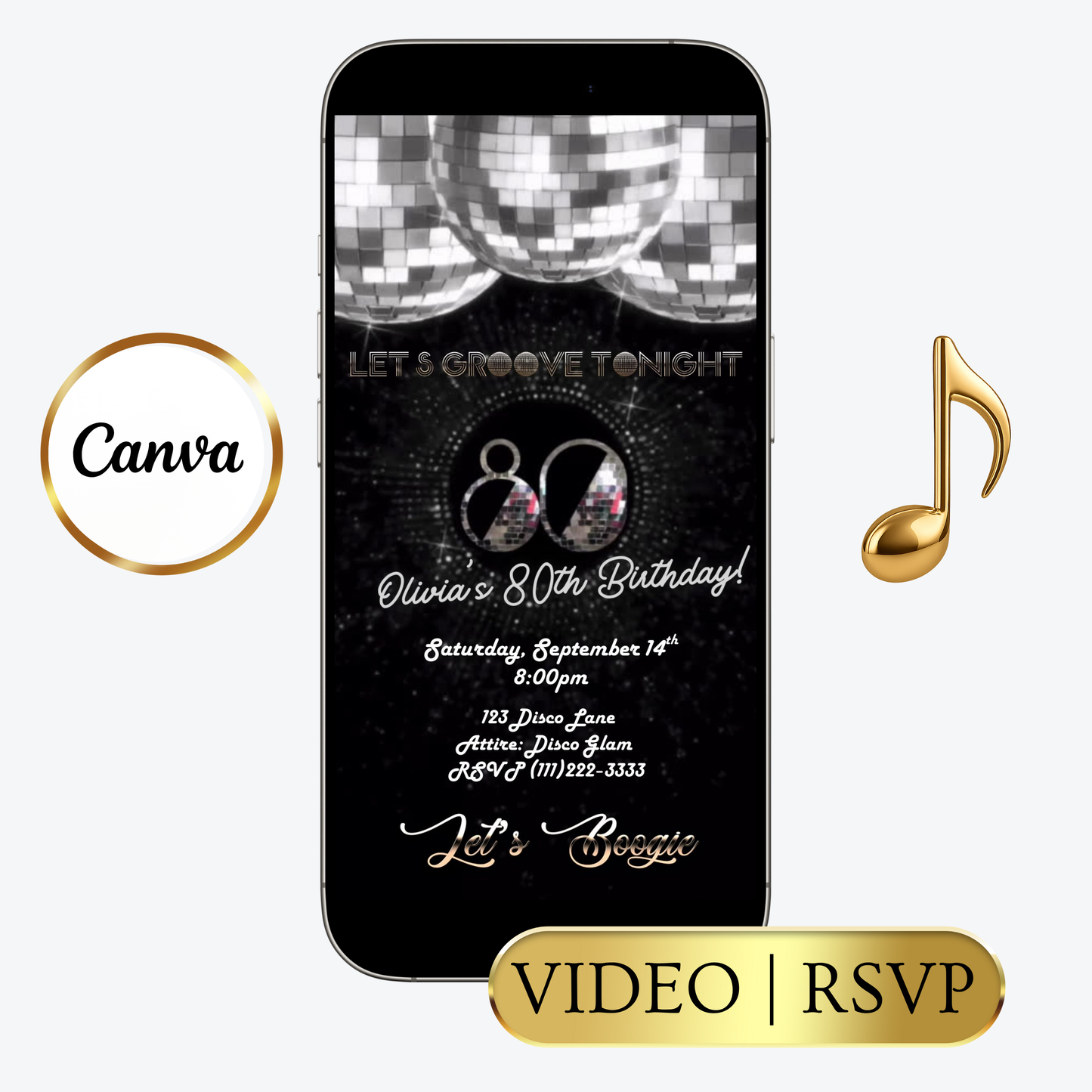 Editable silver disco 80th birthday video invitation displayed on a mobile phone, featuring an animated vertical digital invite with music, created in Canva. This premium video invitation template is designed for sharing by text, email, and social media and works with an interactive RSVP website for easy guest response tracking.