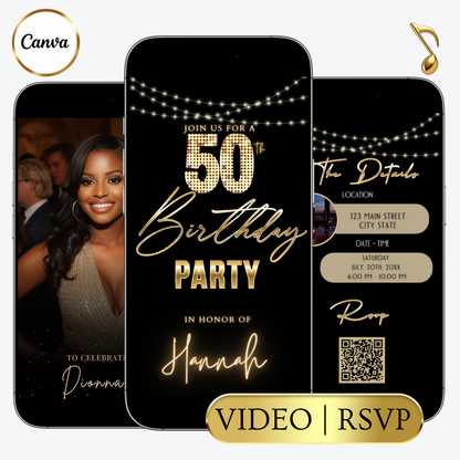 Editable gold stars 50th birthday party video invitation displayed on a mobile phone, featuring an animated vertical digital invite with music, created in Canva. This premium video invitation template is designed for sharing by text, email, and social media and works with an interactive RSVP website for easy guest response tracking.