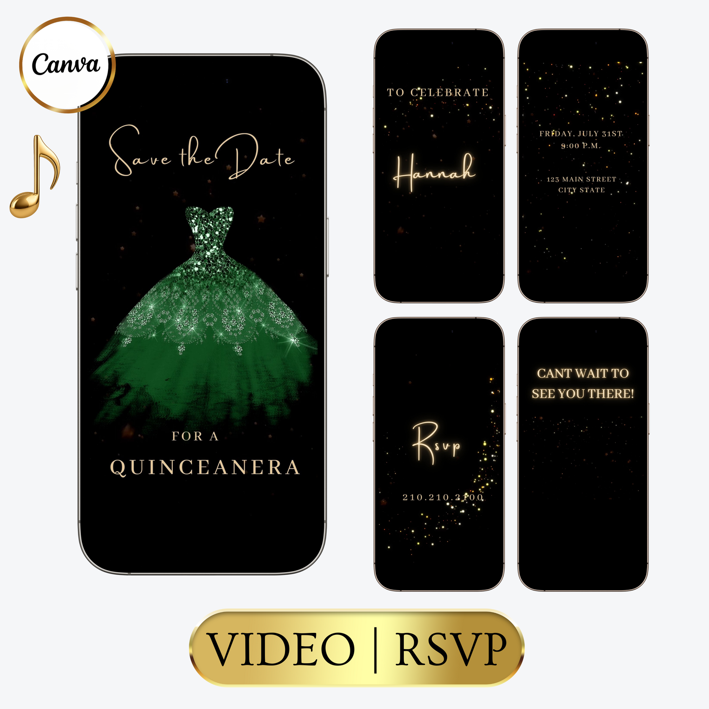Editable emerald green quinceañera video invitation displayed on a mobile phone, featuring an animated vertical digital invite with music, created in Canva. This premium video invitation template is designed for sharing by text, email, and social media and works with an interactive RSVP website for easy guest response tracking.