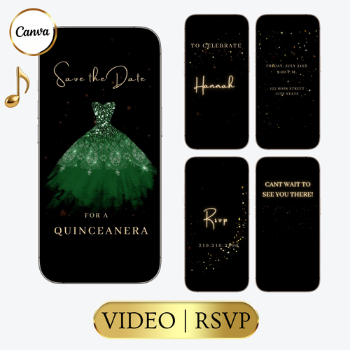 Editable emerald green quinceañera video invitation displayed on a mobile phone, featuring an animated vertical digital invite with music, created in Canva. This premium video invitation template is designed for sharing by text, email, and social media and works with an interactive RSVP website for easy guest response tracking.