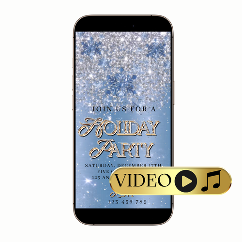 Snowflake-themed video invitation with frosty blue accents