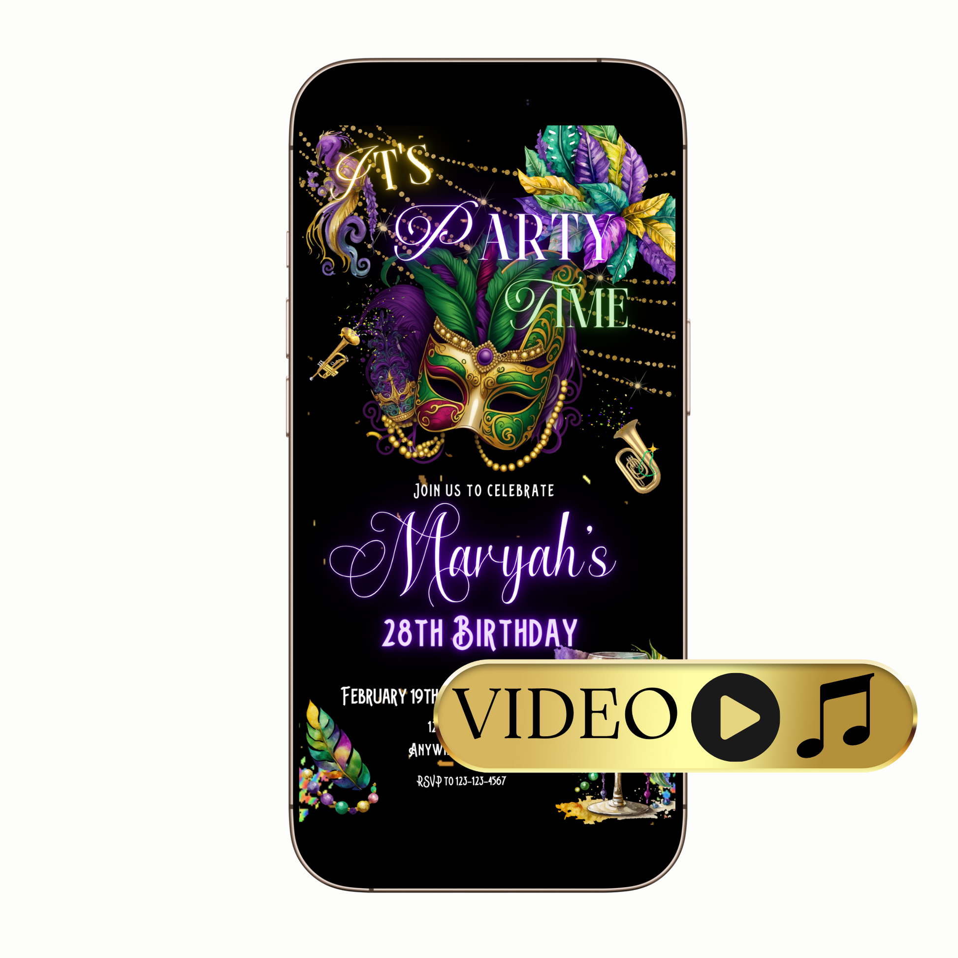 Editable Mardi Gras Mask Video Invitation Template