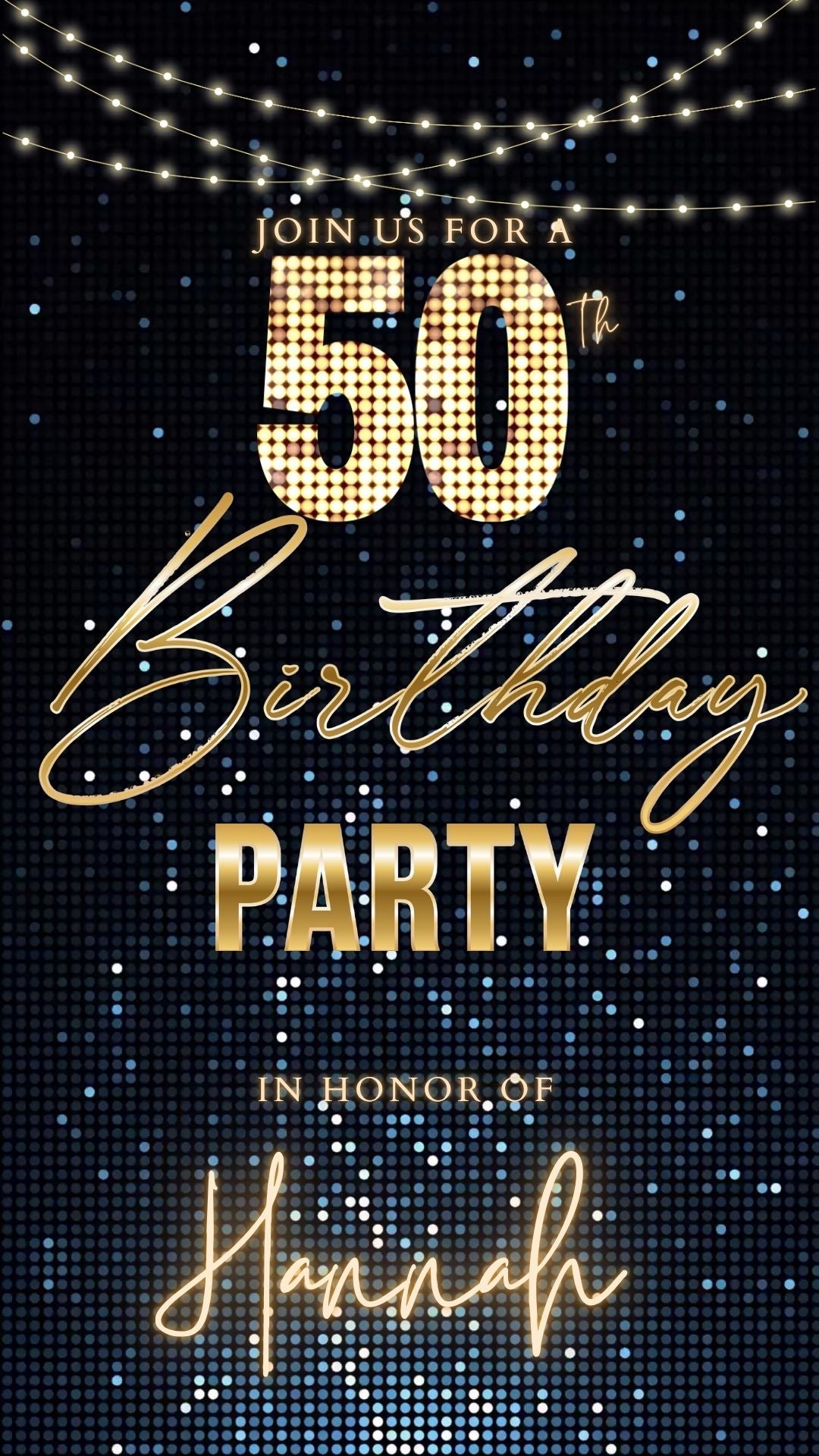 Editable blue sequin 50th birthday video invitation displayed on a mobile phone, featuring an animated vertical digital invite with music, created in Canva. This premium video invitation template is designed for sharing by text, email, and social media and works with an interactive RSVP website for easy guest response tracking.