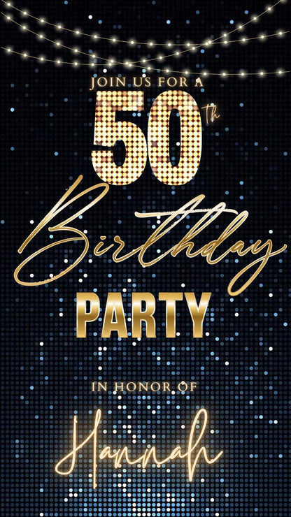 Editable blue sequin 50th birthday video invitation displayed on a mobile phone, featuring an animated vertical digital invite with music, created in Canva. This premium video invitation template is designed for sharing by text, email, and social media and works with an interactive RSVP website for easy guest response tracking.
